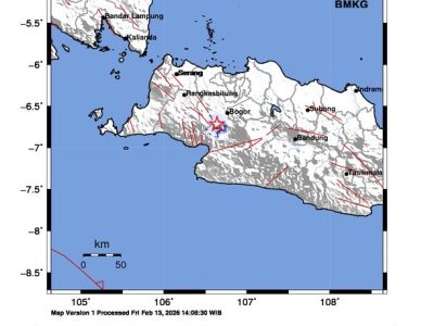 Gempa tektonik Magnitudo 3,2 yang berpusat di darat wilayah Sukabumi Jawa Barat/Foto: BBMKG Tangerang