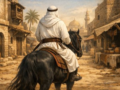 Ilustrasi sahabat Nabi Muhammad SAW, Abu Bakar Ash-Siddiq sedang menunggan kuda diperkampungan Arab/Ilustrasi: Indoragamnewscom