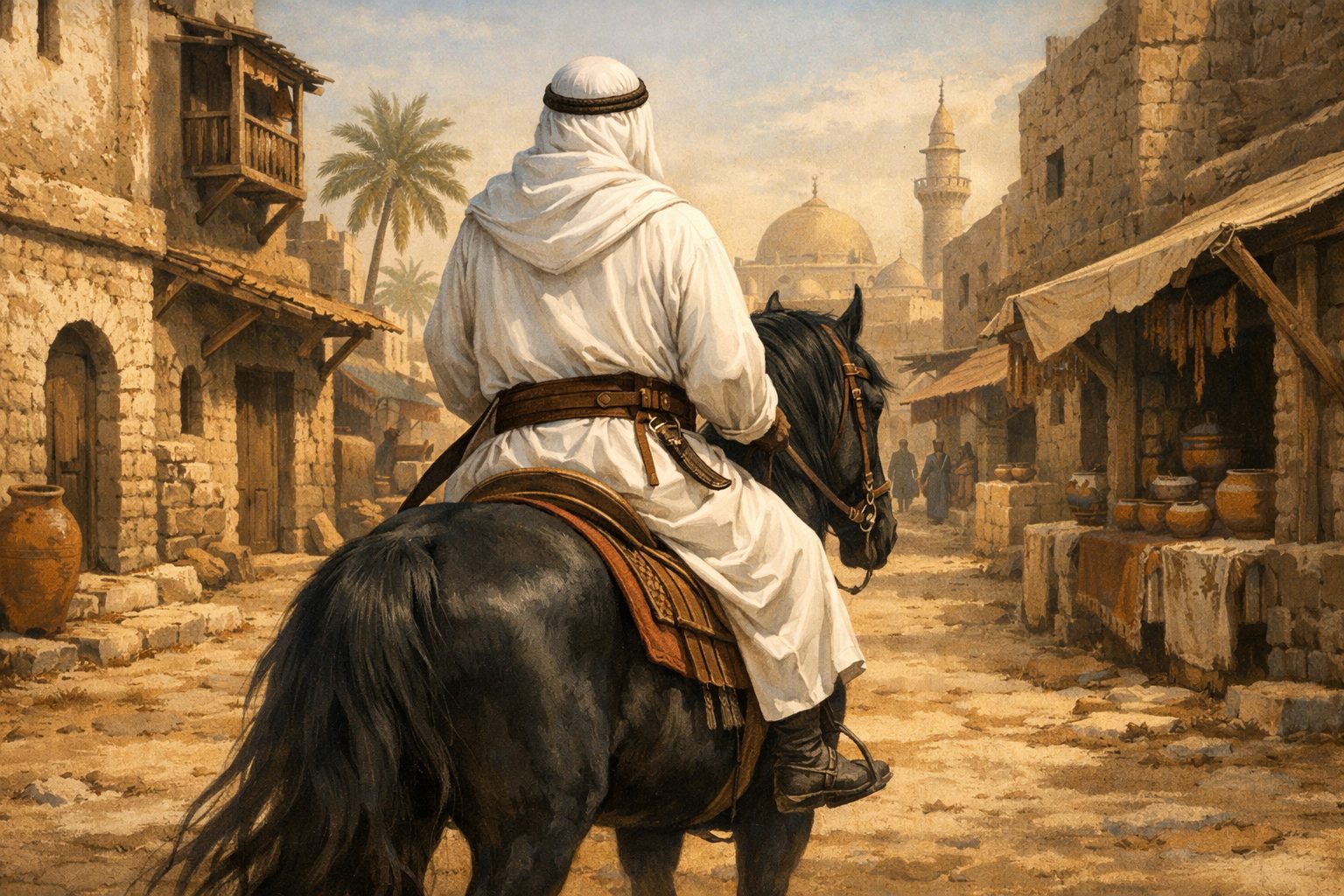 Ilustrasi sahabat Nabi Muhammad SAW, Abu Bakar Ash-Siddiq sedang menunggan kuda diperkampungan Arab/Ilustrasi: Indoragamnewscom