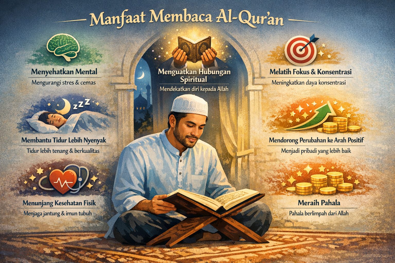 Manfaat membaca Al-Qur'an setiap hari bagi kesehatan mental dan fisik. Redakan stres, perbaiki kualitas tidur, hingga turunkan tekanan darah secara alami
