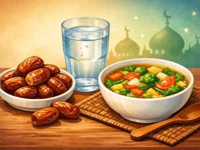 Ilustrasi menu buka puasa sehat yang terdiri dari kurma, air putih, dan sup sayuran.