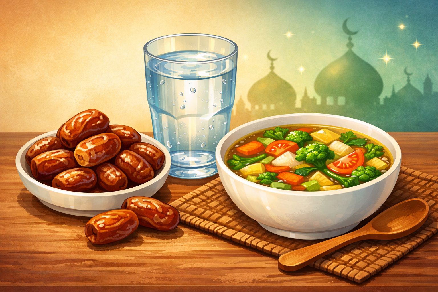 Ilustrasi menu buka puasa sehat yang terdiri dari kurma, air putih, dan sup sayuran.