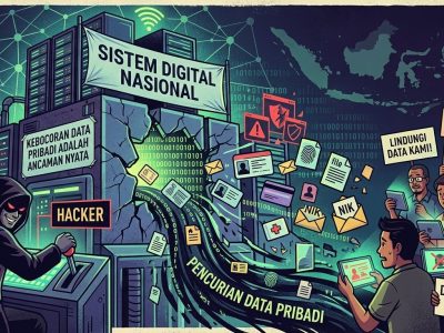 Ilustrasi ancaman kebocoran data pribadi pada sistem digital nasional.