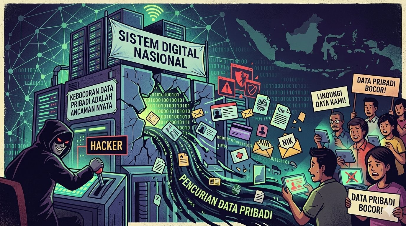 Ilustrasi ancaman kebocoran data pribadi pada sistem digital nasional.