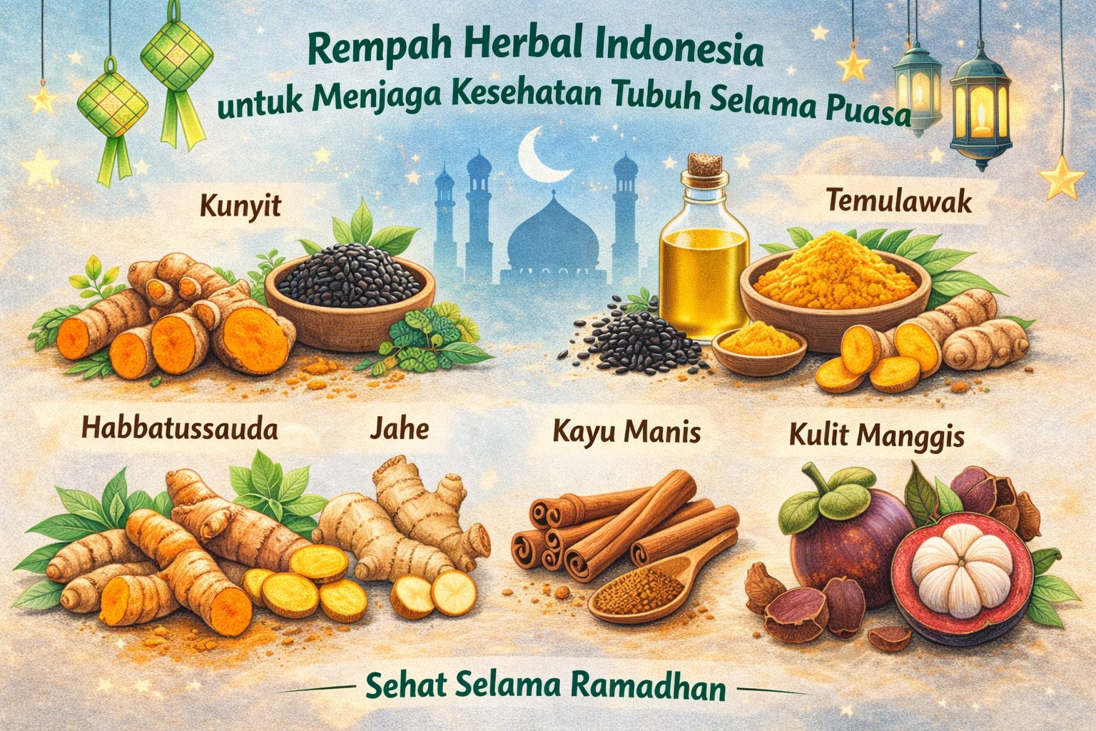 Ilustrasi Berbagai jenis rempah herbal Indonesia yang bermanfaat untuk menjaga kesehatan tubuh selama bulan puasa/Ilustrasi: Indoragamnewscom
