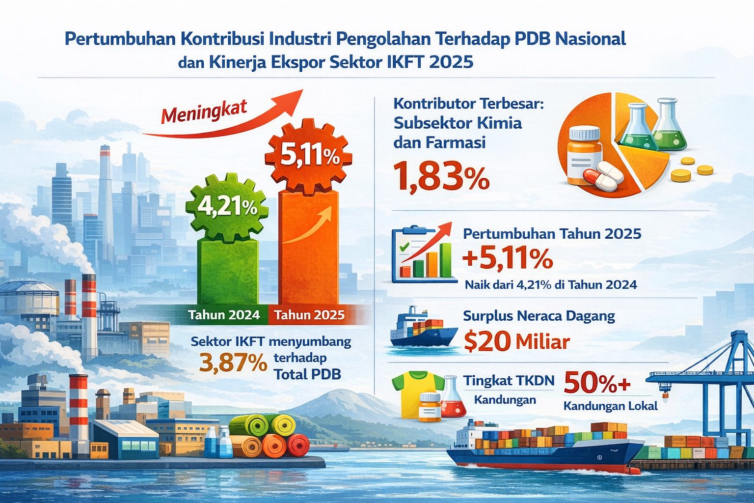 Grafik pertumbuhan kontribusi industri pengolahan terhadap PDB nasional dan kinerja ekspor sektor IKFT 2025.