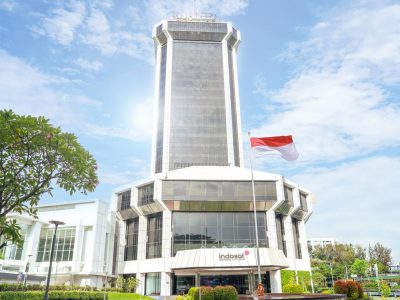 Gedung kantor Indosat Ooredoo Hutchison dengan informasi kinerja keuangan 2025 dan pertumbuhan laba bersih