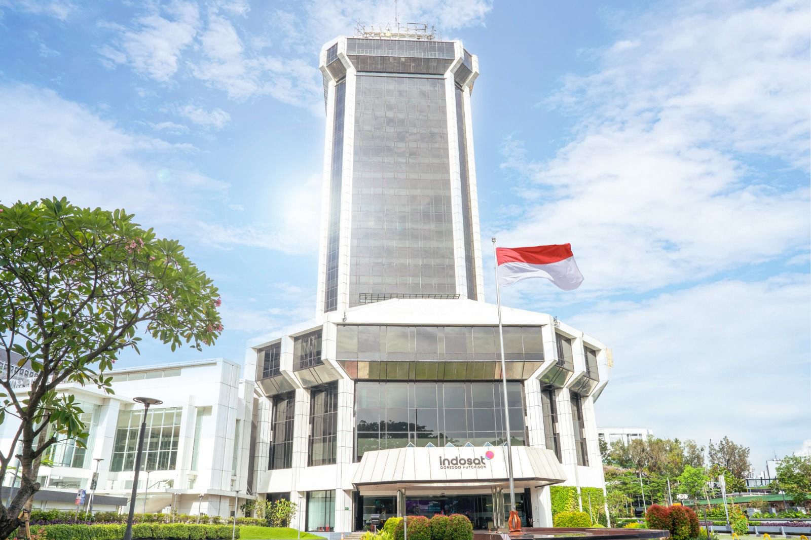Gedung kantor Indosat Ooredoo Hutchison dengan informasi kinerja keuangan 2025 dan pertumbuhan laba bersih