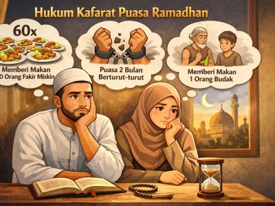 Ilustrasi pasangan muslim merenung tentang hukum kafarat puasa Ramadhan di siang hari bulan suci.
