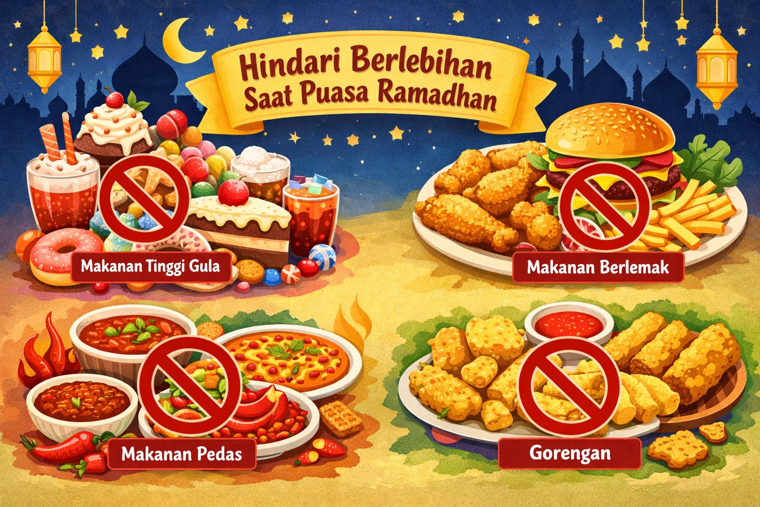 Ilustrasi makanan yang dilarang terlalu banyak dikonsumsi selama menjalankan ibadah puasa bulan ramadan seperti makanan tinggi gula, makanan banyak mengandung lemak, makanan pedas, dan gorengan/Ilustrasi: Indoragamnewscom