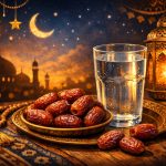Kurma dan segelas air putih sebagai menu berbuka puasa yang dianjurkan Rasulullah SAW