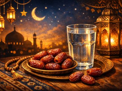 Kurma dan segelas air putih sebagai menu berbuka puasa yang dianjurkan Rasulullah SAW