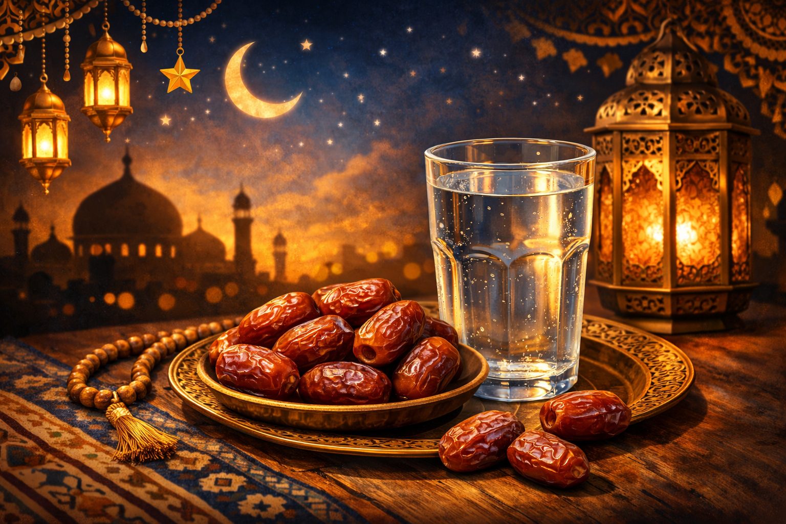 Kurma dan segelas air putih sebagai menu berbuka puasa yang dianjurkan Rasulullah SAW