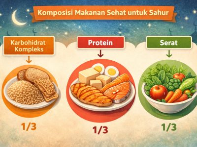 Komposisi makanan sehat untuk sahur yang terdiri dari karbohidrat kompleks, protein, dan serat
