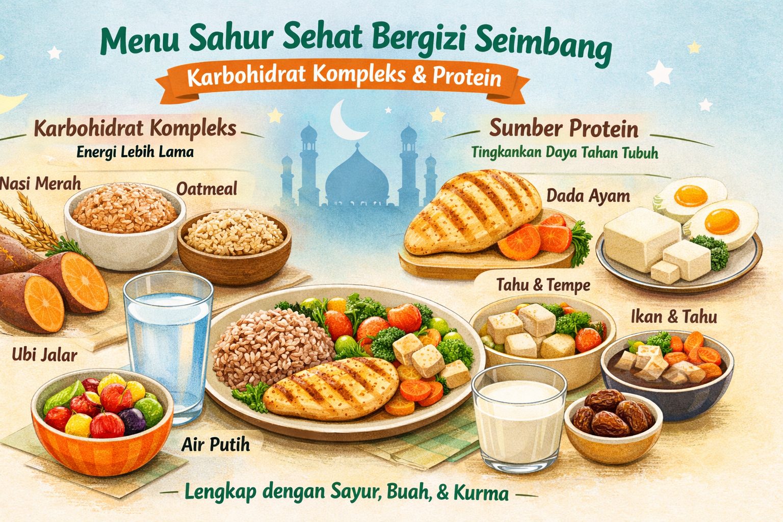 Ilustrasi menu sahur sehat bergizi seimbang dengan karbohidrat kompleks dan protein untuk puasa.