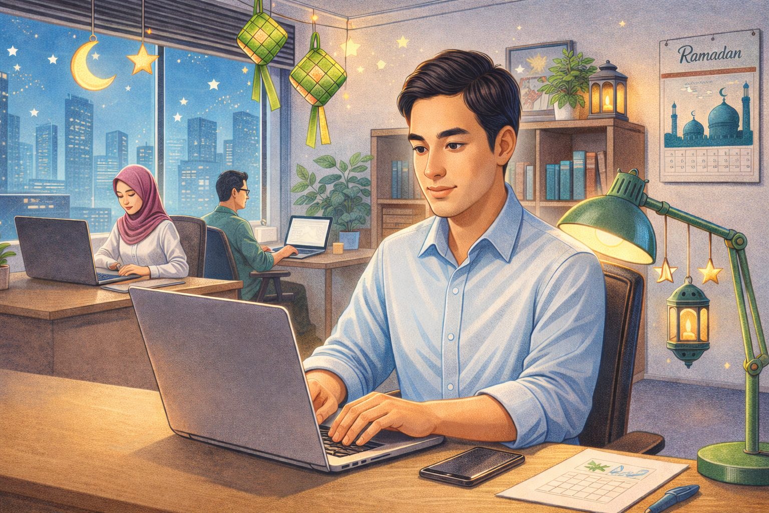 Karyawan tetap fokus bekerja di depan laptop saat menjalankan ibadah puasa Ramadan.