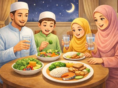 Ilustrasi menu makanan sehat tinggi serat dan air putih untuk menjaga stamina tubuh saat menjalankan ibadah puasa