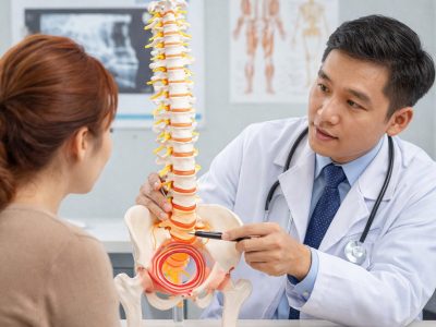 Ilustrasi seorang dokter spesialis ortopedi menjelaskan penyebab tulang punggung sakit melalui model tulang belakang kepada pasien/Ilutrasi: Indoragamnewscom