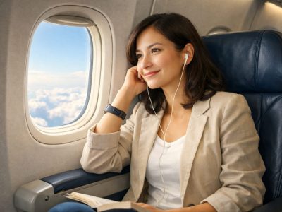 Ilustrasi seorang wanita sedang duduk santai di dalam kabin pesawa