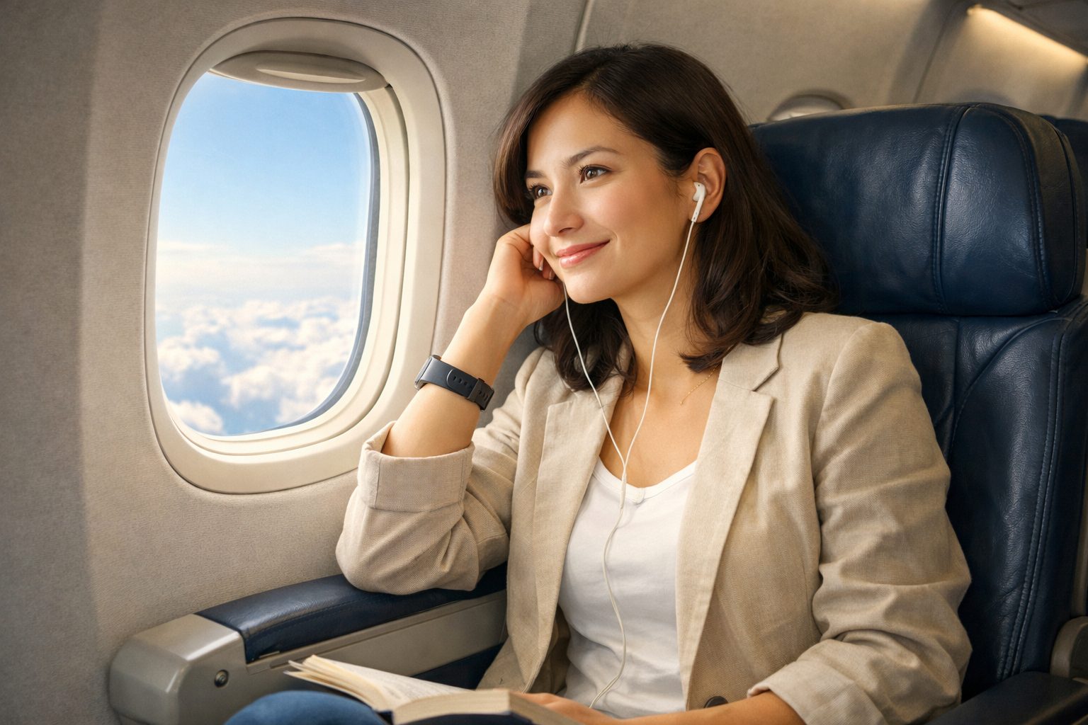 Ilustrasi seorang wanita sedang duduk santai di dalam kabin pesawa