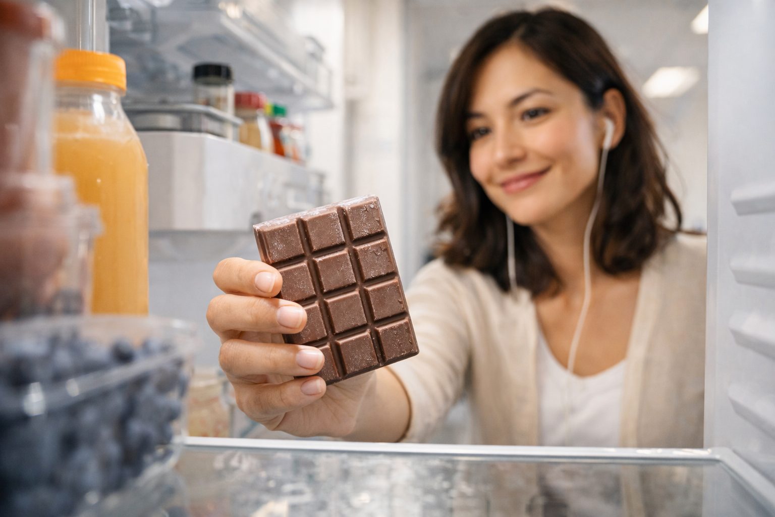 Seorang wanita mengambil cokelat batangan dari lemaro pendingin. Pakar melarang coklat disimpan dalam lemari pendingin