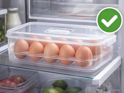 Ilustrasi penyimpanan telur ayam yang benar di dalam wadah tertutup pada rak bagian dalam lemari es.