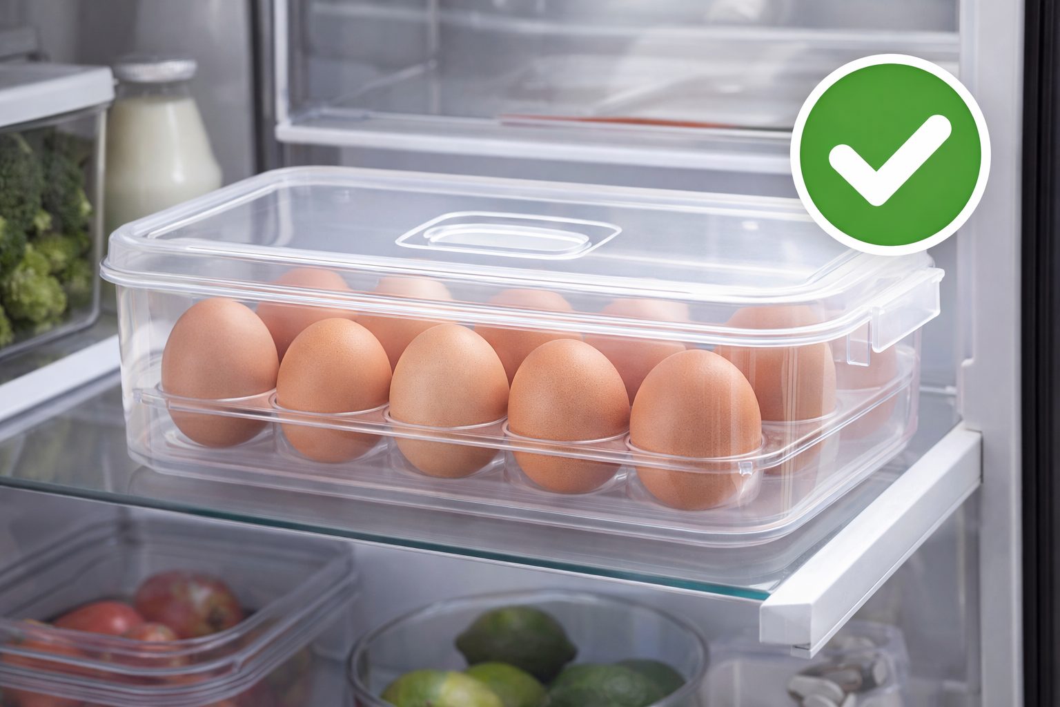 Ilustrasi penyimpanan telur ayam yang benar di dalam wadah tertutup pada rak bagian dalam lemari es.