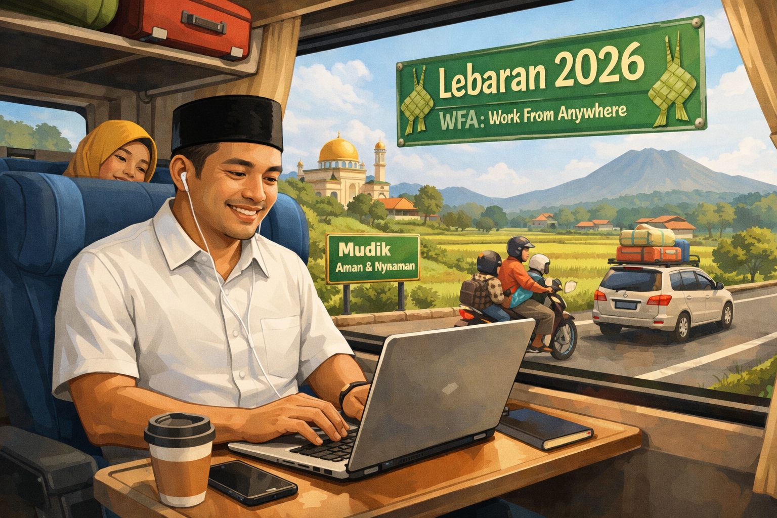 Ilustrasi pekerja menggunakan laptop saat perjalanan mudik sesuai kebijakan WFA (Work from anywhere) Lebaran 2026