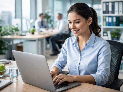 Ilustrasi Seorang karyawan wanita yang terlihat bugar dan fokus bekerja di kantor setelah menerapkan pola hidup sehat