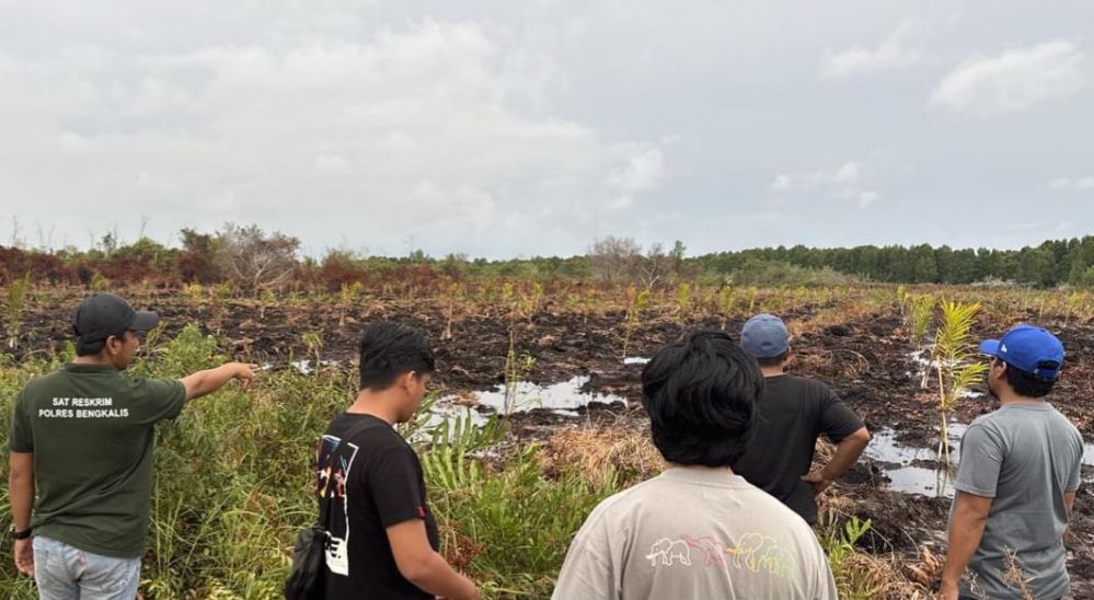 Satuan Reserse Kriminal Kepolisian Resor Bengkalis memeriksa lahan yang terbakar/Foto: Media Center Bengkalis