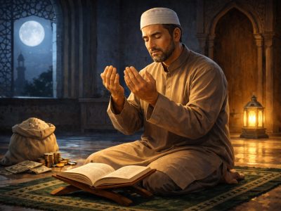 Ilustrasi seorang muslim yang sedang berdoa dengan tenang sebagai bentuk cara ikhlas menghadapi kesulitan ekonomi dalam pandangan Islam