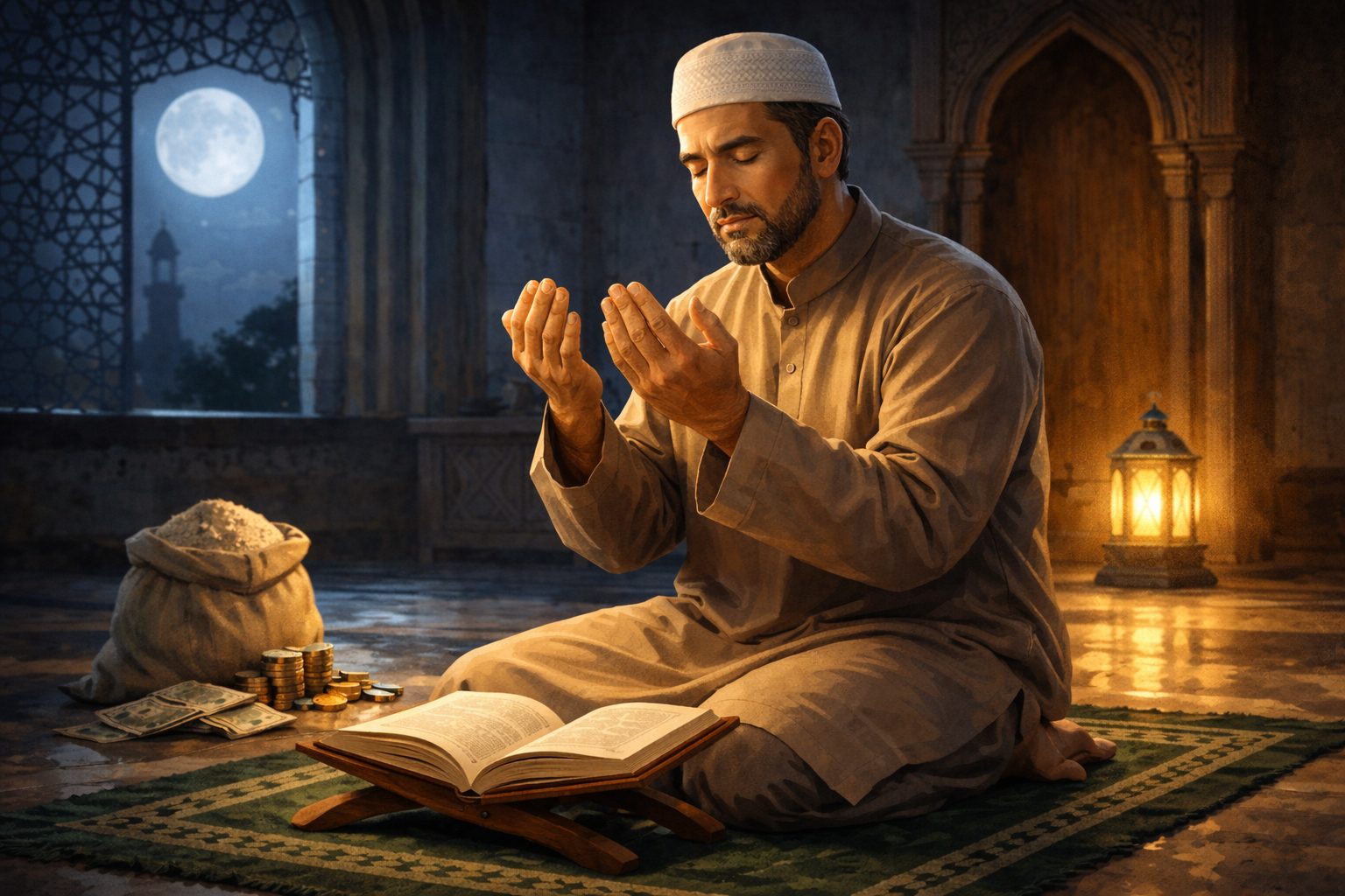 Ilustrasi seorang muslim yang sedang berdoa dengan tenang sebagai bentuk cara ikhlas menghadapi kesulitan ekonomi dalam pandangan Islam