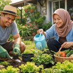 Ilustrasi sepasang suami istri sedang merawat tanaman di kebun rumah untuk menjaga kesehatan fisik dan mengurangi tingkat stres/Ilustrasi: Indoragamnewscom