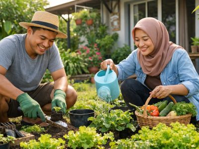 Ilustrasi sepasang suami istri sedang merawat tanaman di kebun rumah untuk menjaga kesehatan fisik dan mengurangi tingkat stres/Ilustrasi: Indoragamnewscom