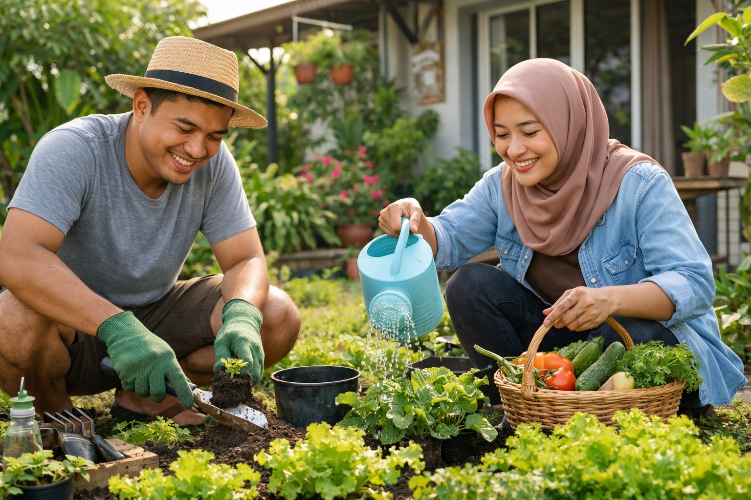Ilustrasi sepasang suami istri sedang merawat tanaman di kebun rumah untuk menjaga kesehatan fisik dan mengurangi tingkat stres/Ilustrasi: Indoragamnewscom