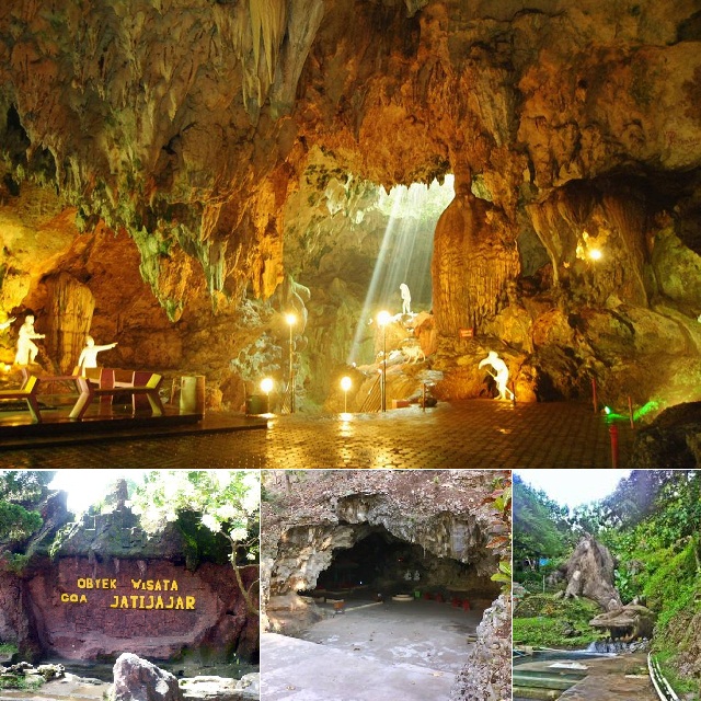 Pemandangan interior Goa Jatijajar Kebumen dengan formasi stalaktit alami dan diorama patung legenda Raden Kamandaka