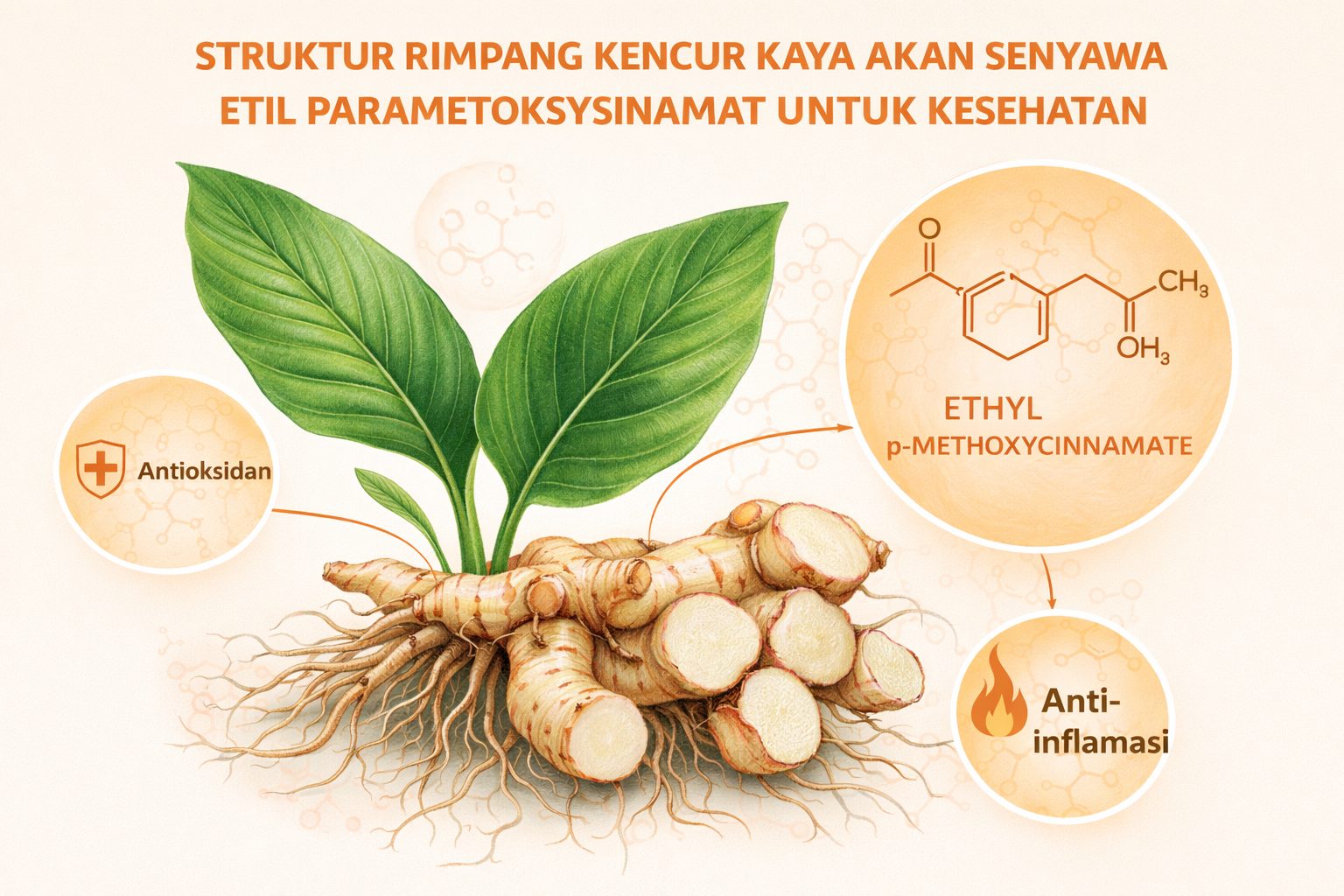 Ilustrasi struktur rimpang kencur dan daunnya yang kaya akan senyawa Etil parametoksisinamat untuk kesehatan.