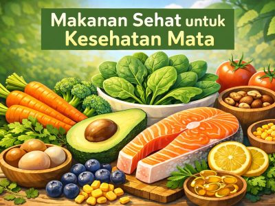 Ilustrasi Berbagai makanan sehat seperti sayuran hijau, wortel, alpokat, dan ikan untuk kesehatan mata.
