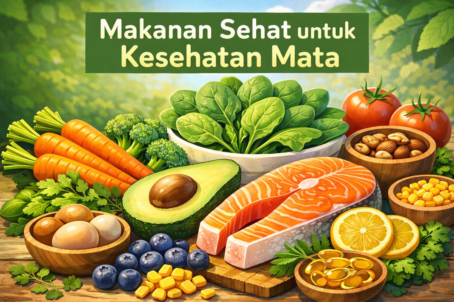Ilustrasi Berbagai makanan sehat seperti sayuran hijau, wortel, alpokat, dan ikan untuk kesehatan mata.
