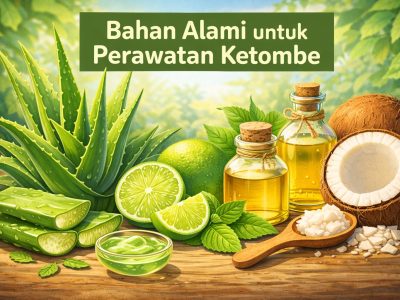 Ilustrasi Bahan-bahan alami seperti lidah buaya, jeruk nipis, dan minyak kelapa untuk perawatan ketombe.