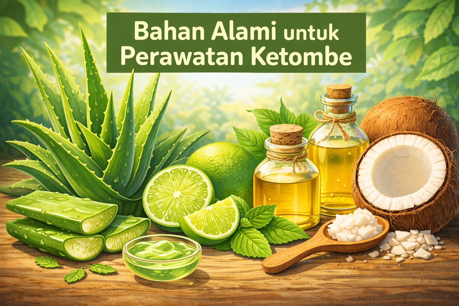 Ilustrasi Bahan-bahan alami seperti lidah buaya, jeruk nipis, dan minyak kelapa untuk perawatan ketombe.