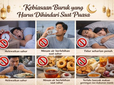 Ilustrasi berbagai jenis makanan takjil tidak sehat dan kebiasaan tidur setelah sahur yang harus dihindari