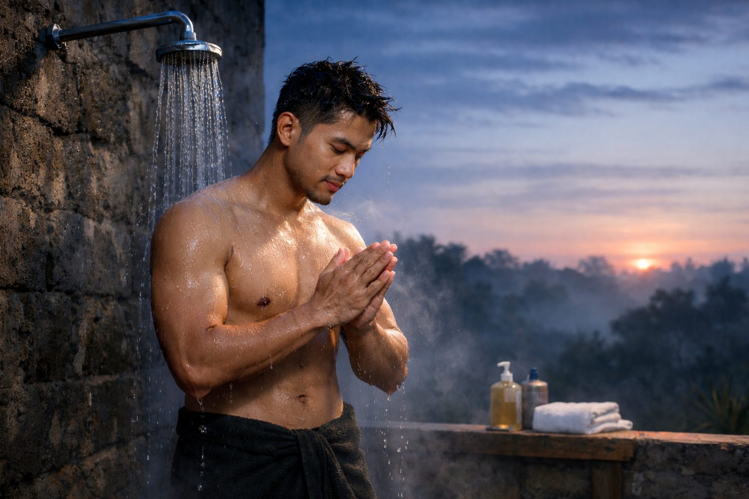 Seorang pria sedang mandi air dingin di waktu subuh untuk meningkatkan energi dan kesehatan jaringan tubuh/Ilustrasi: Indoragamnewscom