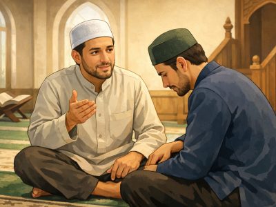 Ilustrasi Seorang pria muslim muslim sedang memberikan nasehat dengan lembut dan sesuai adab kepada temannya.