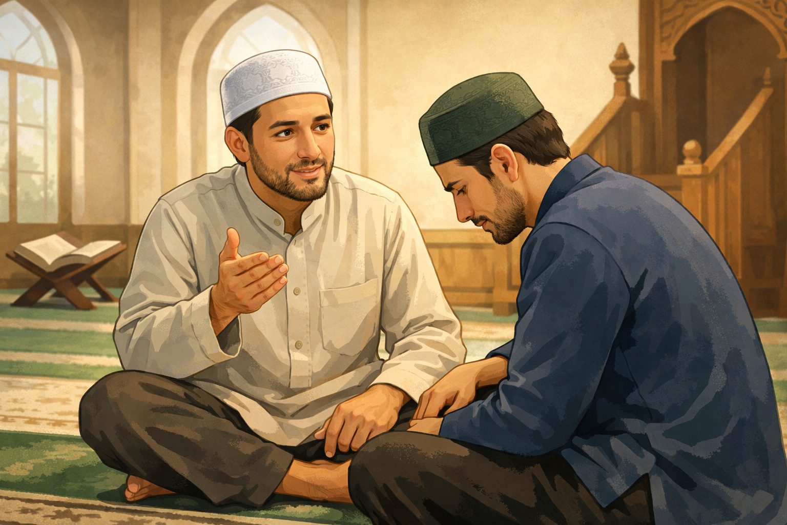 Ilustrasi Seorang pria muslim muslim sedang memberikan nasehat dengan lembut dan sesuai adab kepada temannya.