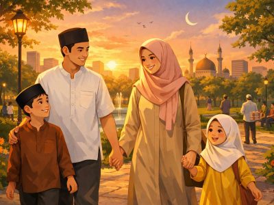 Ilustrasi keluarga berjalan santai di taman kota sore hari menjelang berbuka