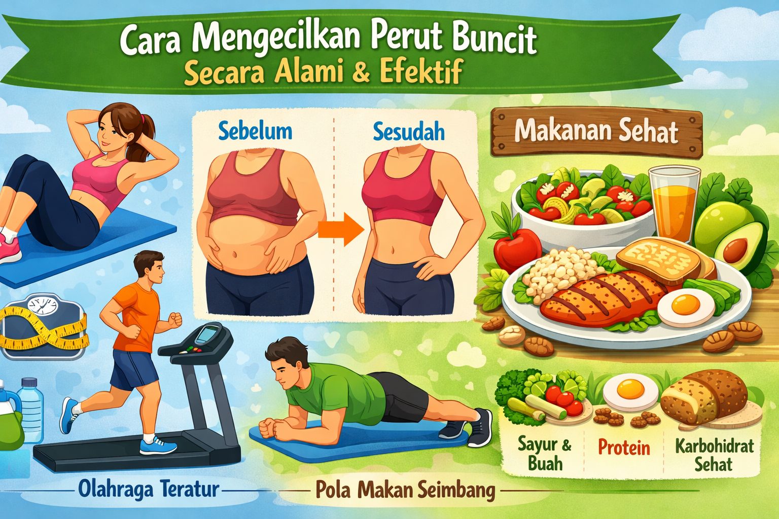 Ilustrasi olahraga dan pola makan sehat sebagai cara mengecilkan perut buncit secara alami dan efektif/Iustrasi: Indoragamnewscom