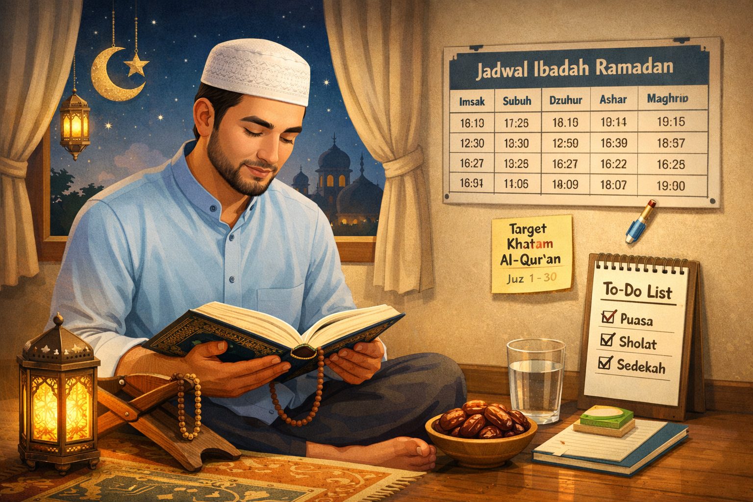 Ilustrasi persiapan diri jelang Ramadan dengan rutin membaca Al-Qur'an dan menyiapkan jadwal ibadah/Ilustrasi: Indoragamnewscom