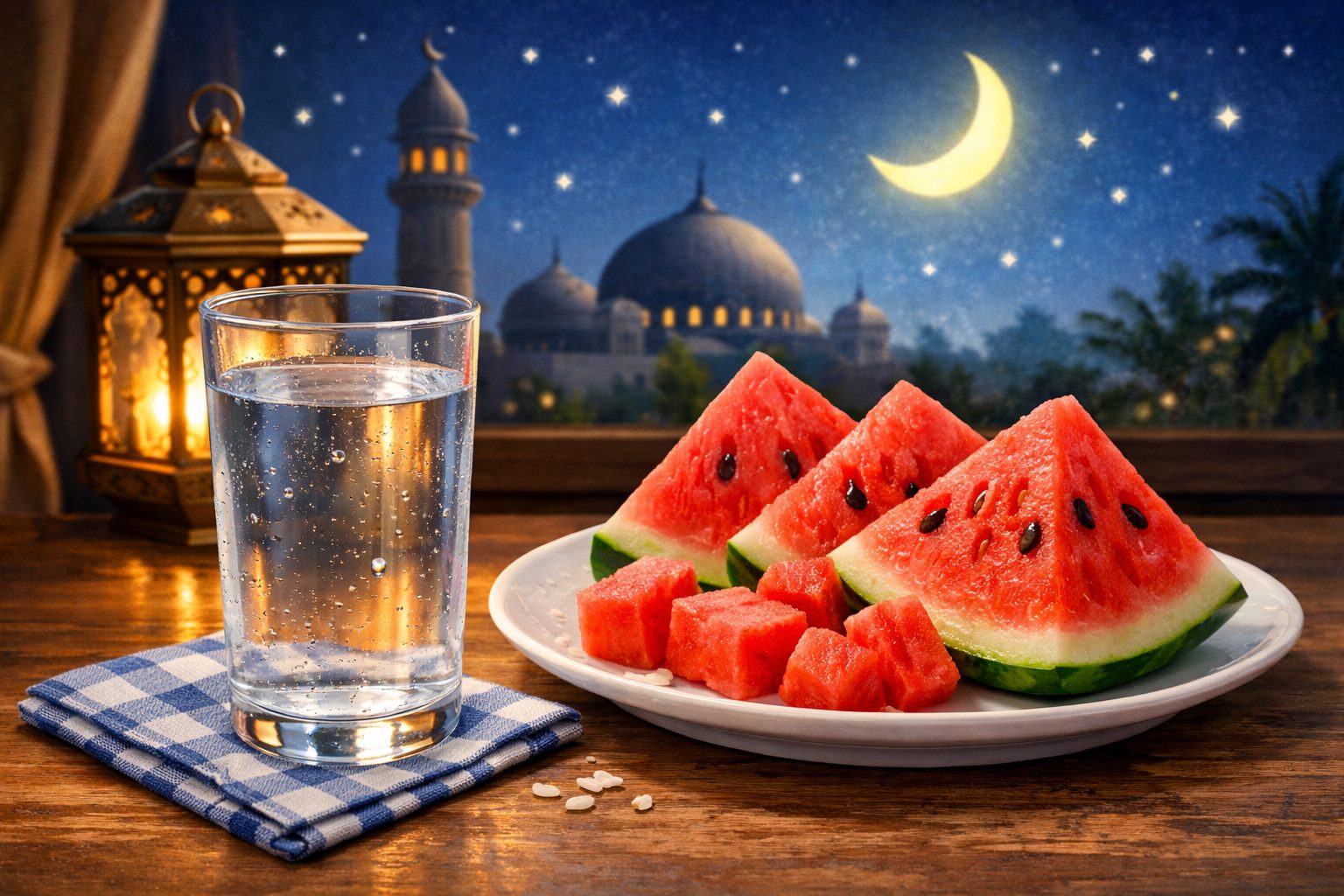 Ilustrasi segelas air putih dan potongan buah semangka untuk menu sahur.