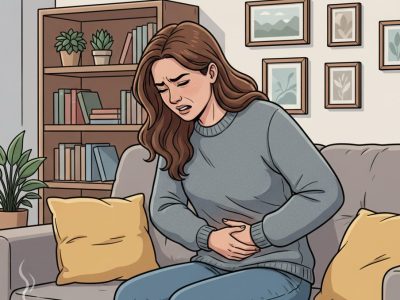 Ilustrasi seseorang wanita memegang perut karena maag kambuh